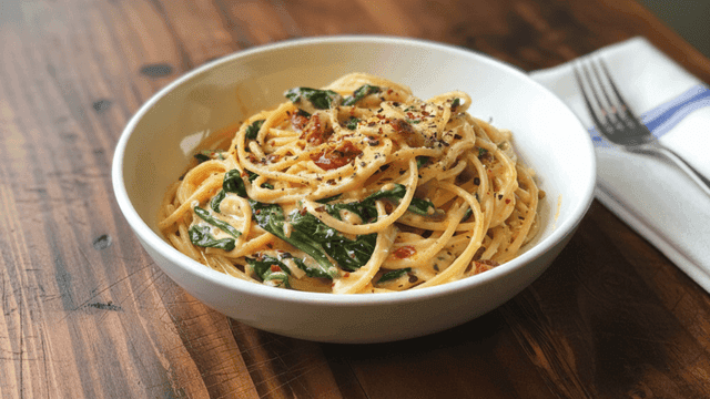 Spaghetti & spinach with sundried tomamto cream sauce-1